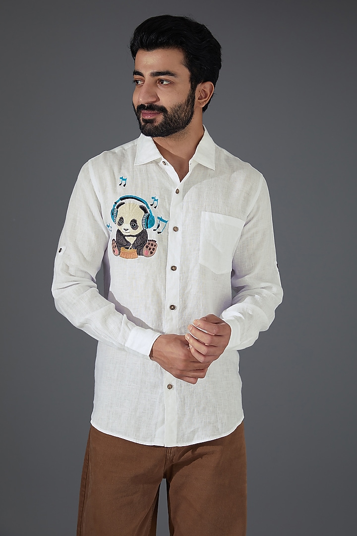 White Pure Linen Embroidered Party Wear Shirt by Linen Bloom Men at Pernia's Pop Up Shop