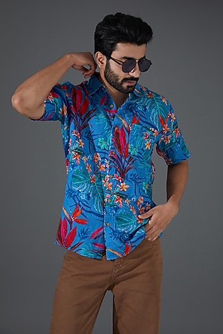 Blue Linen Digital Printed Shirt by Linen Bloom Men