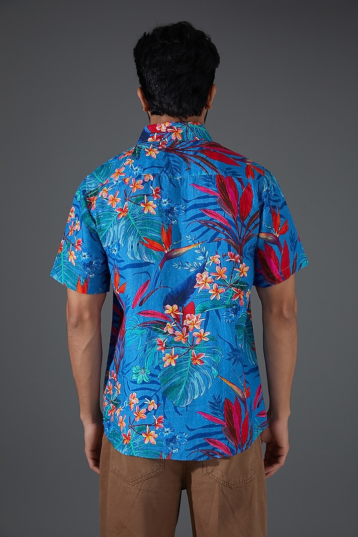 Blue Linen Digital Printed Party Wear Shirt by Linen Bloom Men at Pernia's Pop Up Shop