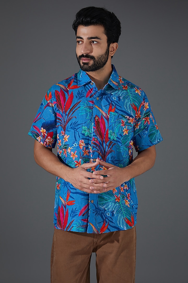 Blue Linen Digital Printed Party Wear Shirt by Linen Bloom Men at Pernia's Pop Up Shop