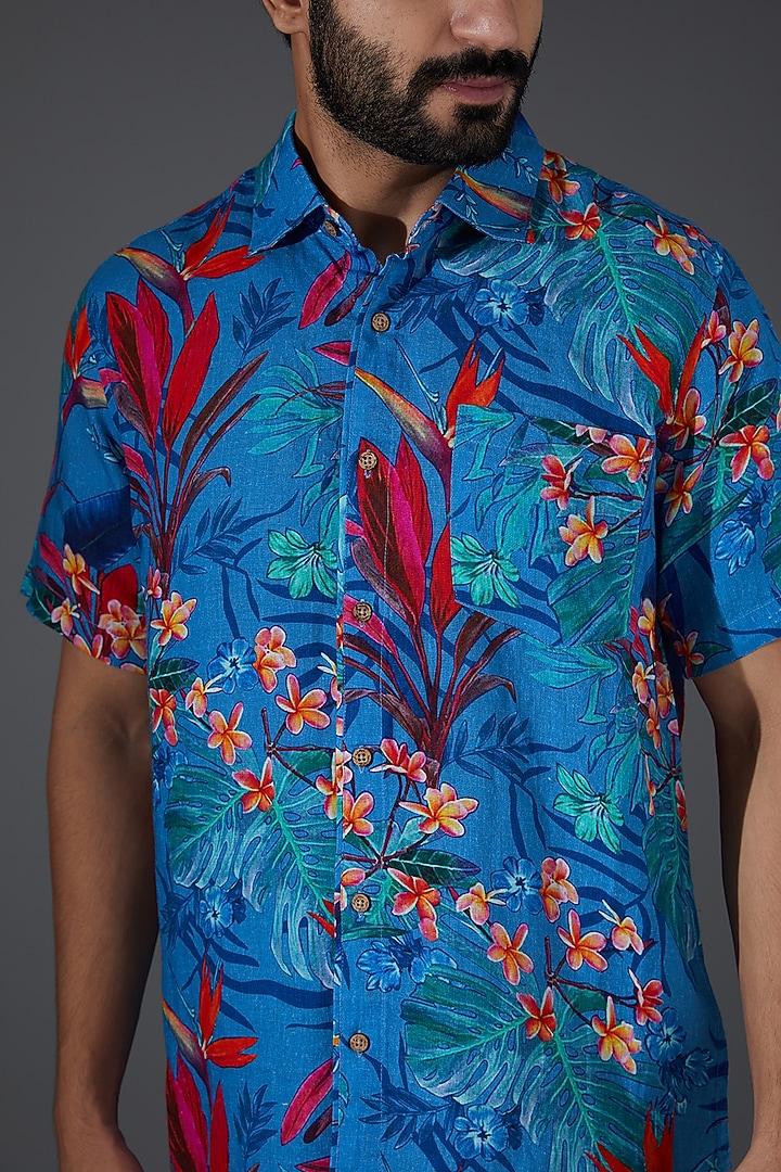 Blue Linen Digital Printed Party Wear Shirt by Linen Bloom Men at Pernia's Pop Up Shop