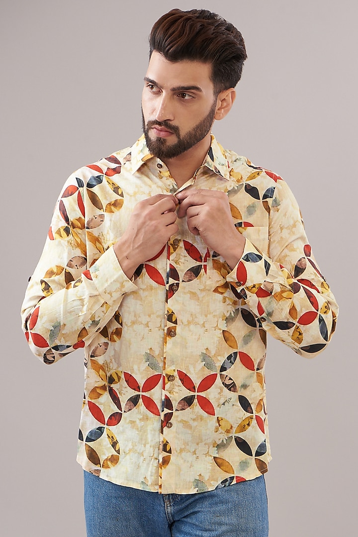 Multi-Colored Pure Linen Printed Shirt by Linen Bloom Men