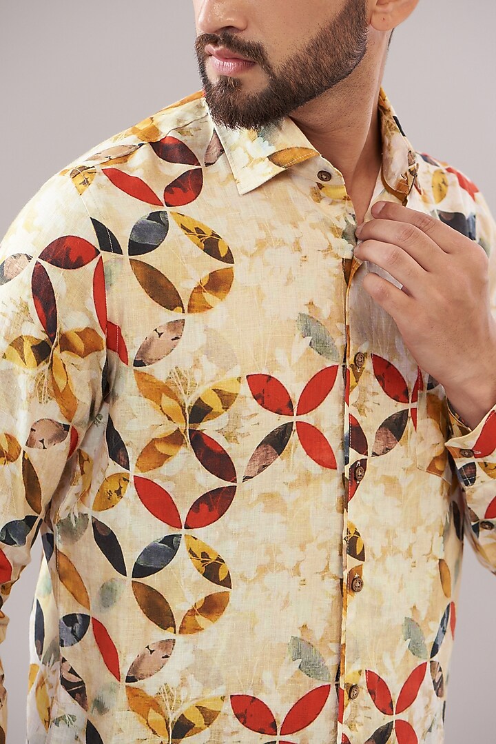 Multi-Colored Pure Linen Printed Party Wear Shirt by Linen Bloom Men at Pernia's Pop Up Shop