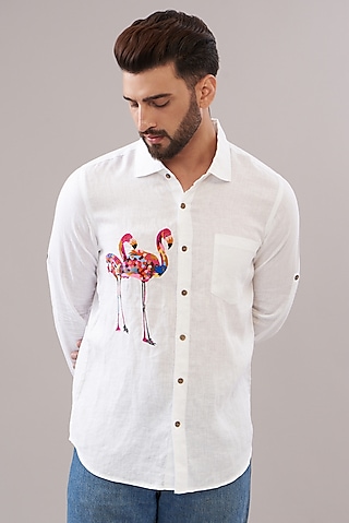 White Pure Linen Embroidered Shirt by Linen Bloom Men