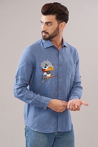 Blue Pure Linen Embroidered Shirt by Linen Bloom Men