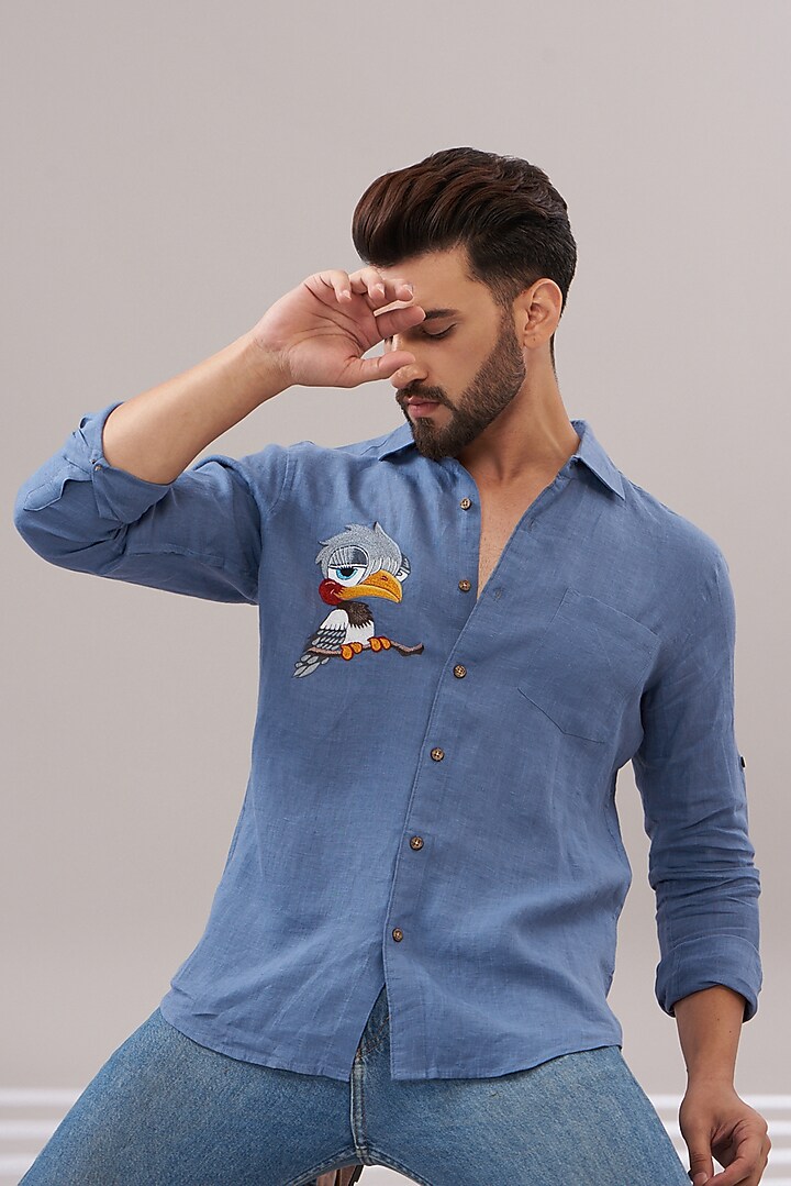 Blue Pure Linen Embroidered Party Wear Shirt by Linen Bloom Men at Pernia's Pop Up Shop