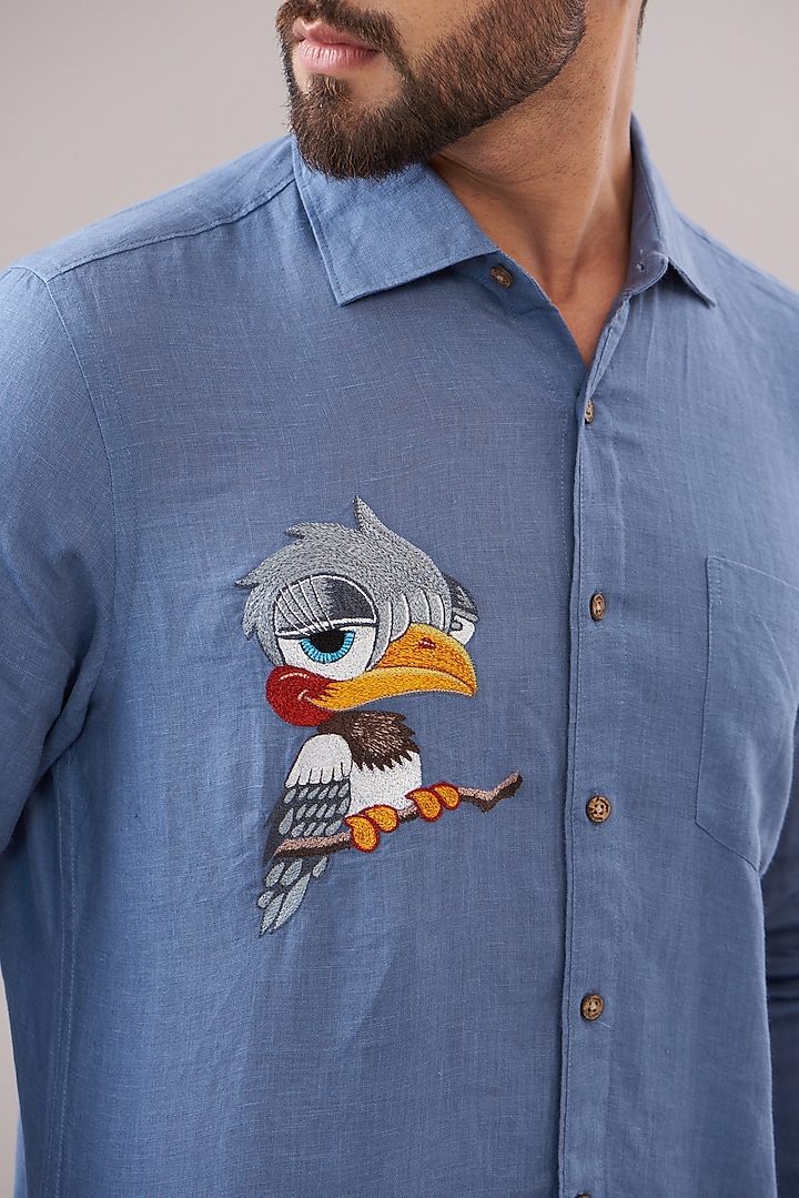 Blue Pure Linen Embroidered Party Wear Shirt by Linen Bloom Men at Pernia's Pop Up Shop