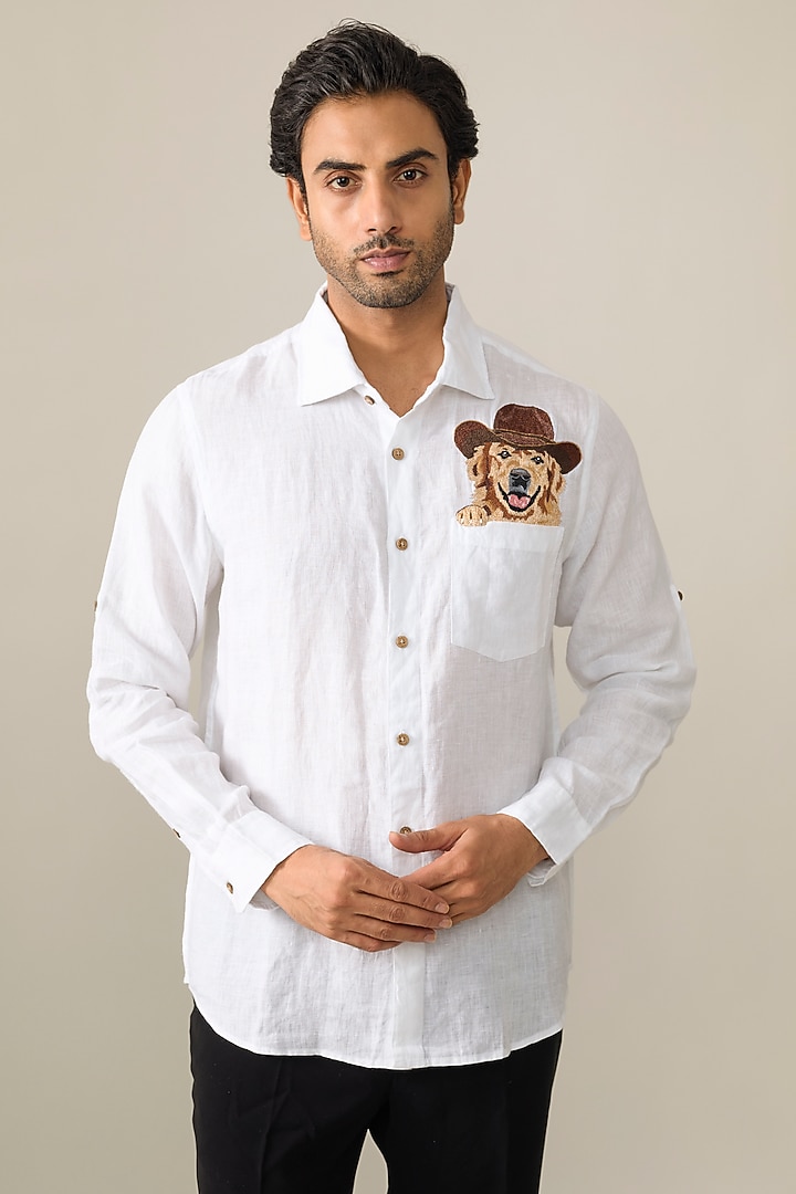 White Linen Party Wear Shirt by Linen Bloom Men at Pernia's Pop Up Shop