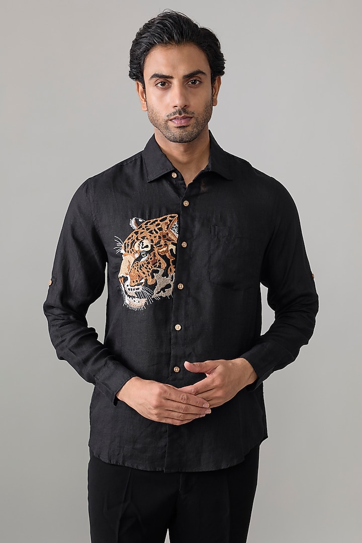 Black Linen Party Wear Shirt by Linen Bloom Men at Pernia's Pop Up Shop