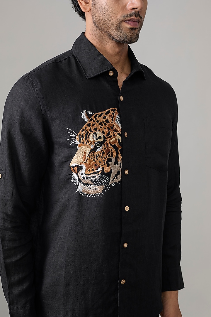 Black Linen Party Wear Shirt by Linen Bloom Men at Pernia's Pop Up Shop