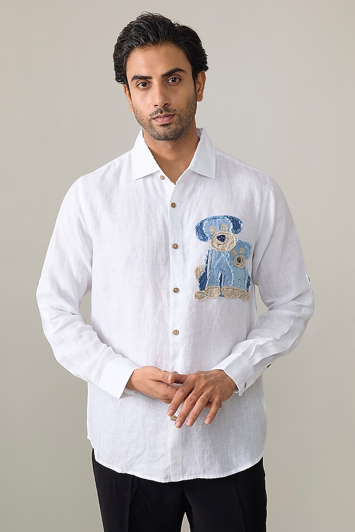 White Linen Party Wear Shirt by Linen Bloom Men at Pernia's Pop Up Shop