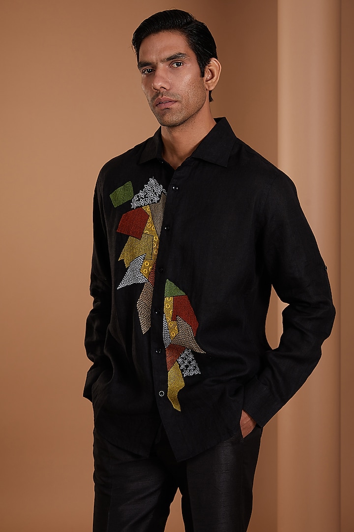 Black Pure Linen Embroidered Shirt by Linen Bloom Men