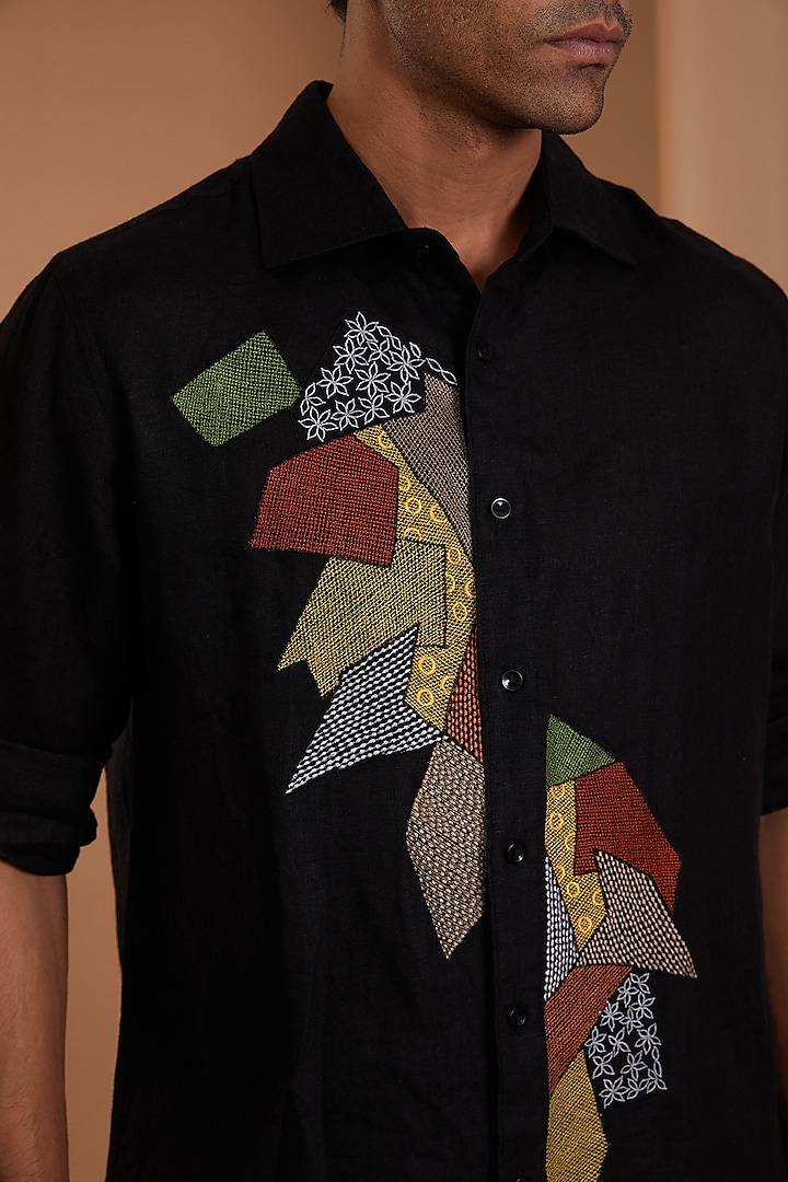 Black Pure Linen Embroidered Party Wear Shirt by Linen Bloom Men at Pernia's Pop Up Shop
