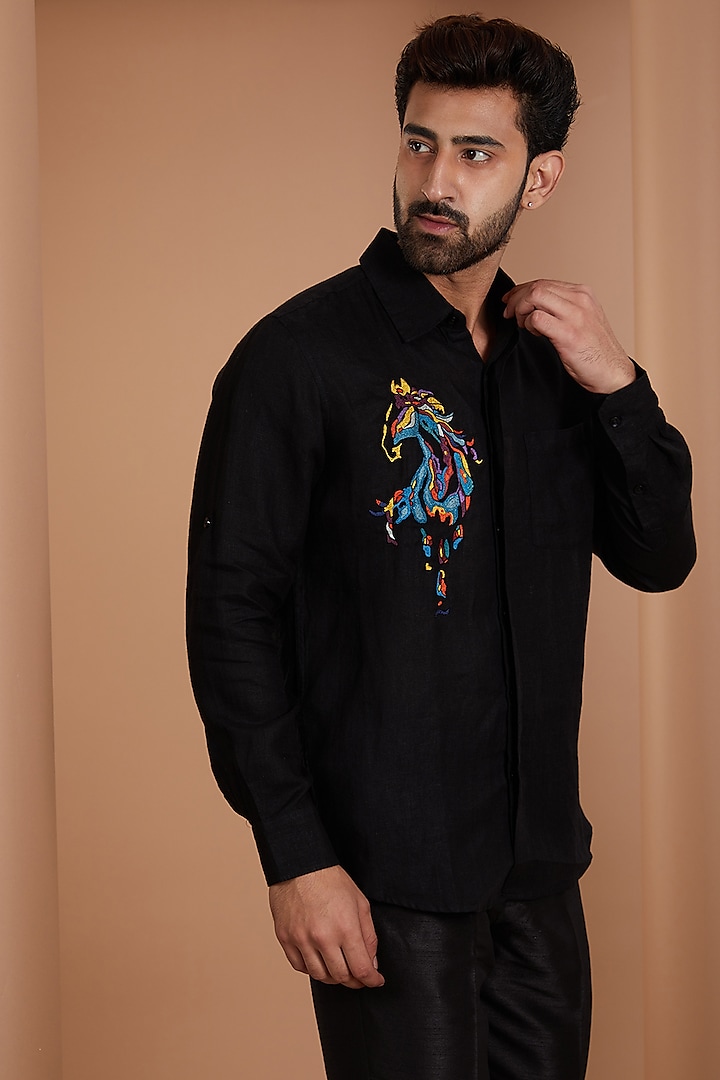 Black Pure Linen Patch Embroidered Shirt by Linen Bloom Men