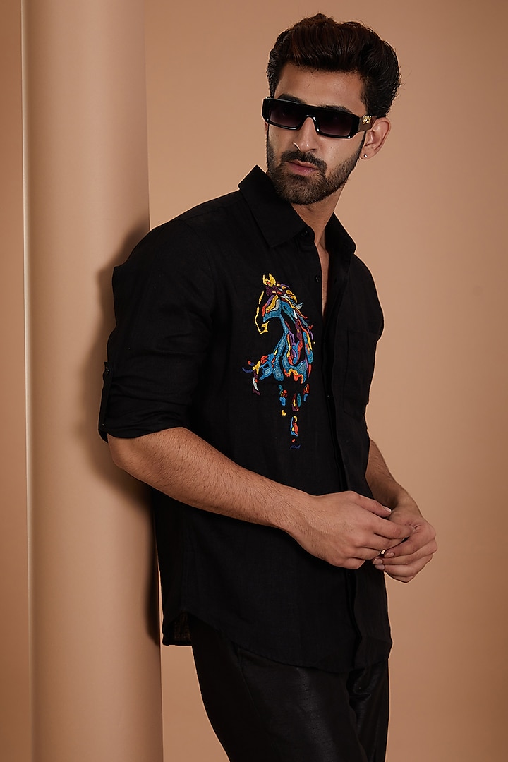 Black Pure Linen Patch Embroidered Party Wear Shirt by Linen Bloom Men at Pernia's Pop Up Shop