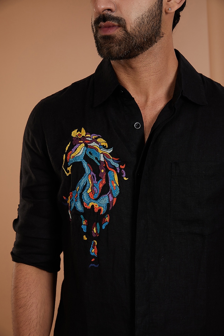 Black Pure Linen Patch Embroidered Party Wear Shirt by Linen Bloom Men at Pernia's Pop Up Shop