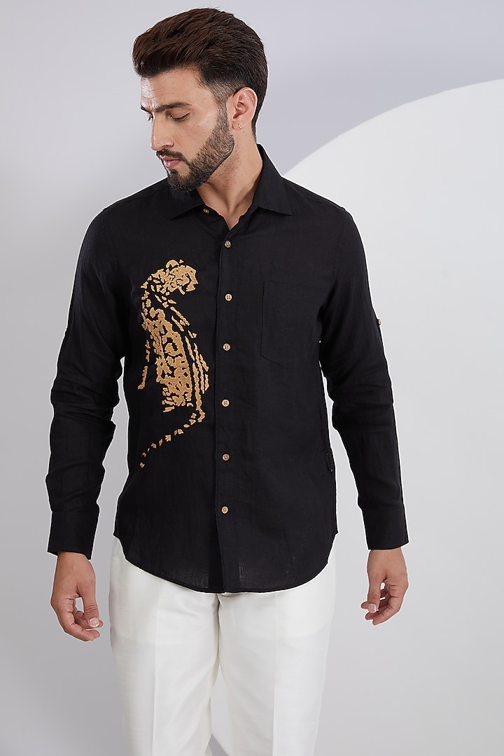 Black Pure Linen Embroidered Shirt by Linen Bloom Men