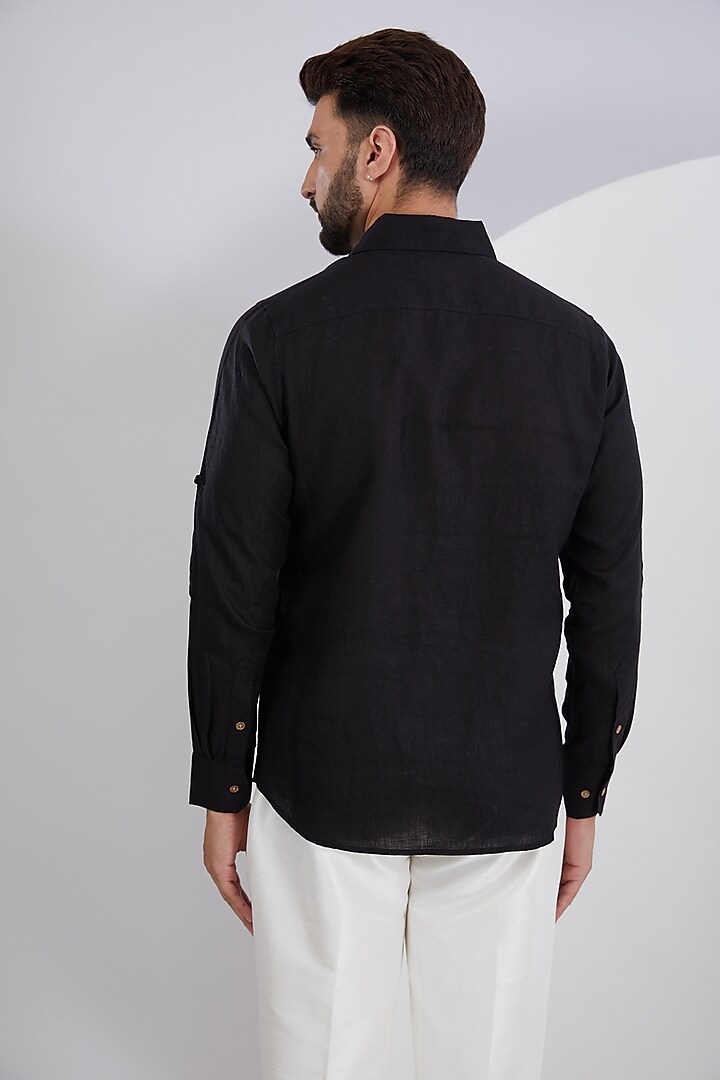Black Pure Linen Embroidered Party Wear Shirt by Linen Bloom Men at Pernia's Pop Up Shop