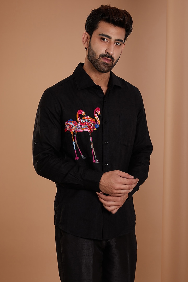 Black Pure Linen Flamingo Embroidered Shirt by Linen Bloom Men