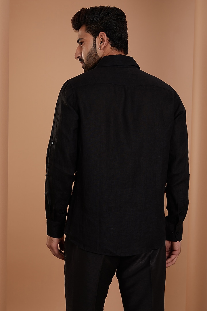 Black Pure Linen Flamingo Embroidered Party Wear Shirt by Linen Bloom Men at Pernia's Pop Up Shop