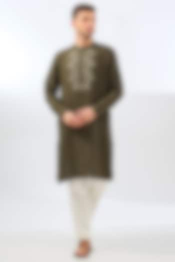 Olive Sage Linen Embroidered Kurta by Linen Bloom Men at Pernia's Pop Up Shop