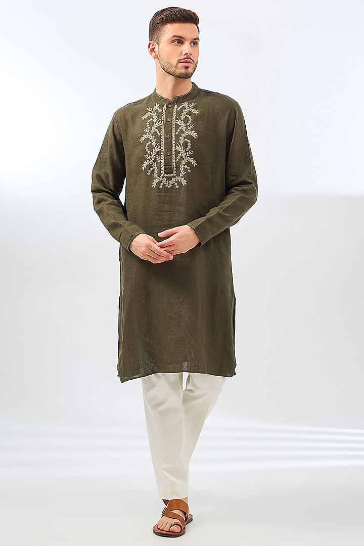 Olive Sage Linen Embroidered Kurta by Linen Bloom Men at Pernia's Pop Up Shop