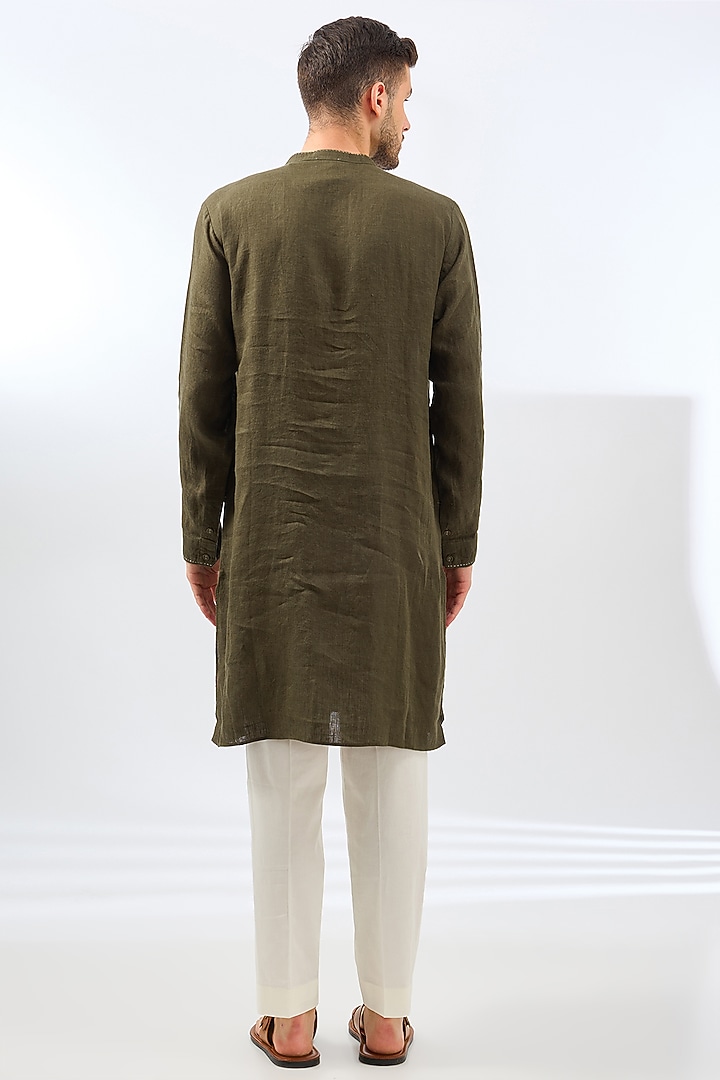 Olive Sage Linen Embroidered Kurta by Linen Bloom Men at Pernia's Pop Up Shop