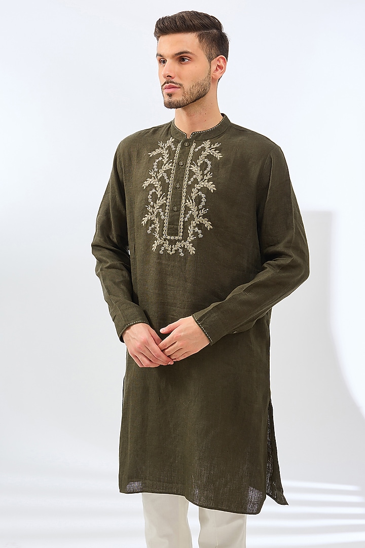 Olive Sage Linen Embroidered Kurta by Linen Bloom Men at Pernia's Pop Up Shop