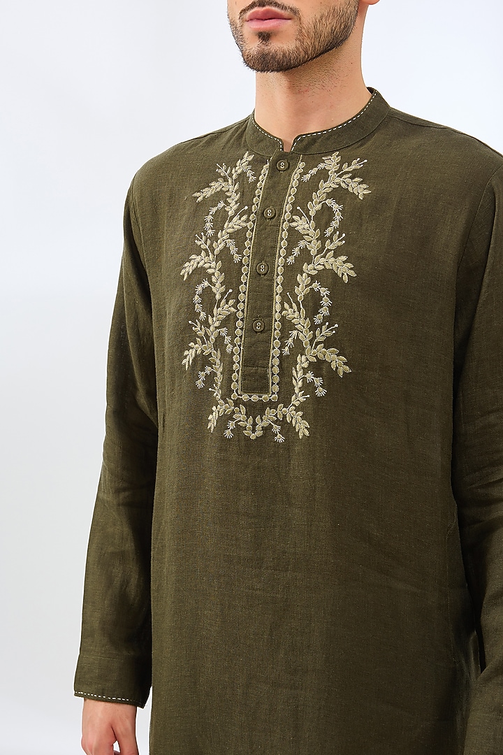 Olive Sage Linen Embroidered Kurta by Linen Bloom Men at Pernia's Pop Up Shop