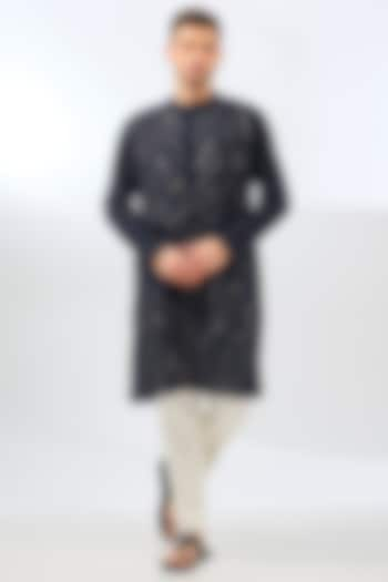 Navy Blue Linen Zari Embroidered Kurta by Linen Bloom Men at Pernia's Pop Up Shop