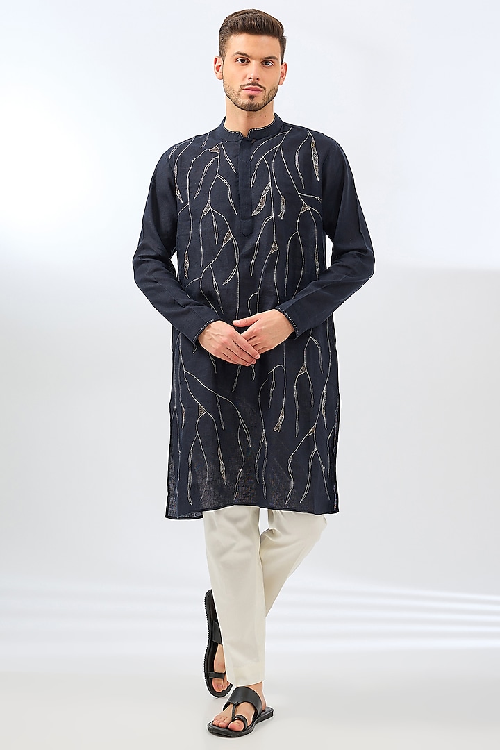 Navy Blue Linen Zari Embroidered Kurta by Linen Bloom Men at Pernia's Pop Up Shop