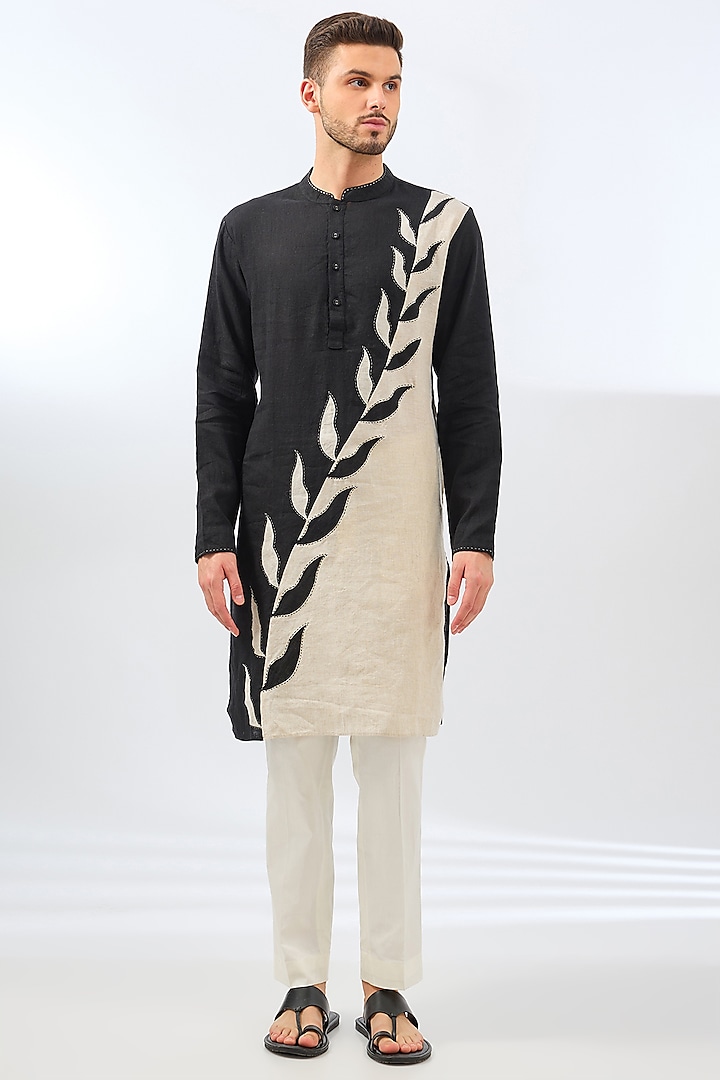 Black & Beige Linen Embroidered Kurta by Linen Bloom Men at Pernia's Pop Up Shop