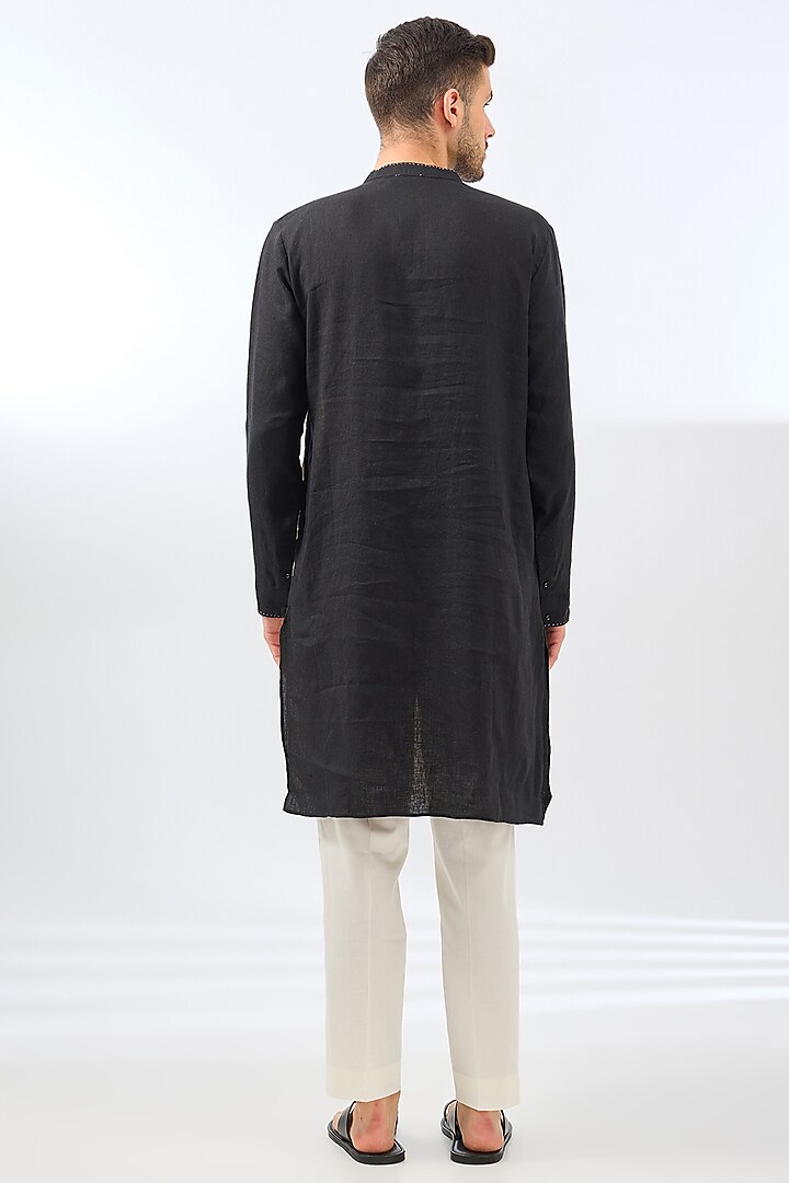 Black & Beige Linen Embroidered Kurta by Linen Bloom Men at Pernia's Pop Up Shop