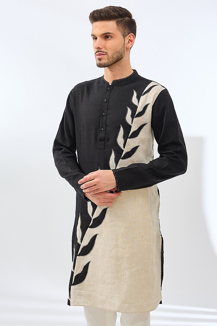 Black & Beige Linen Embroidered Kurta by Linen Bloom Men at Pernia's Pop Up Shop