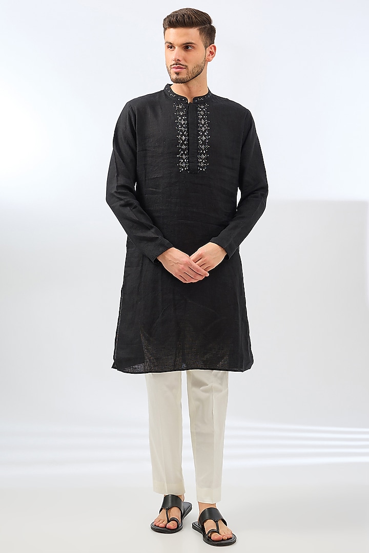 Black Linen Bead Work Kurta by Linen Bloom Men at Pernia's Pop Up Shop