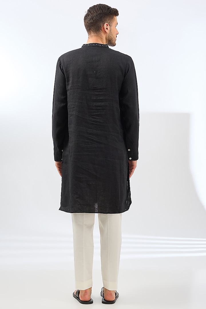 Black Linen Bead Work Kurta by Linen Bloom Men at Pernia's Pop Up Shop