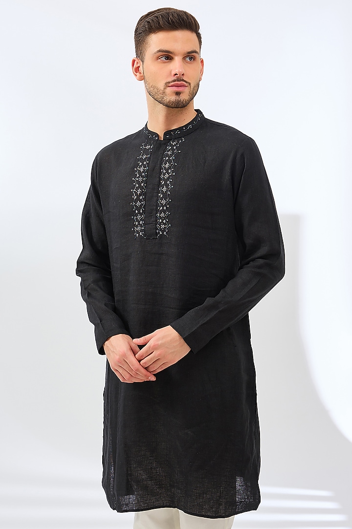 Black Linen Bead Work Kurta by Linen Bloom Men at Pernia's Pop Up Shop