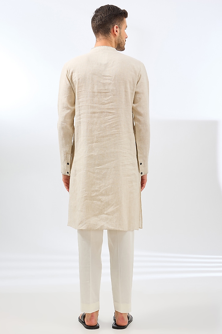 Beige & Black Linen Bead Work Kurta by Linen Bloom Men at Pernia's Pop Up Shop