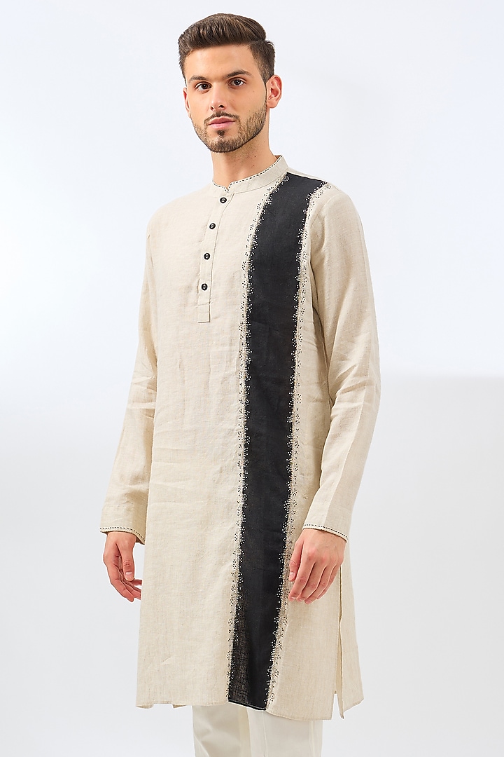 Beige & Black Linen Bead Work Kurta by Linen Bloom Men at Pernia's Pop Up Shop