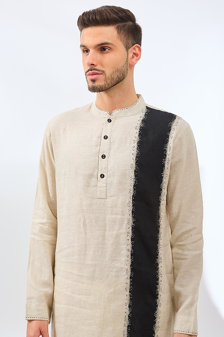 Beige & Black Linen Bead Work Kurta by Linen Bloom Men at Pernia's Pop Up Shop