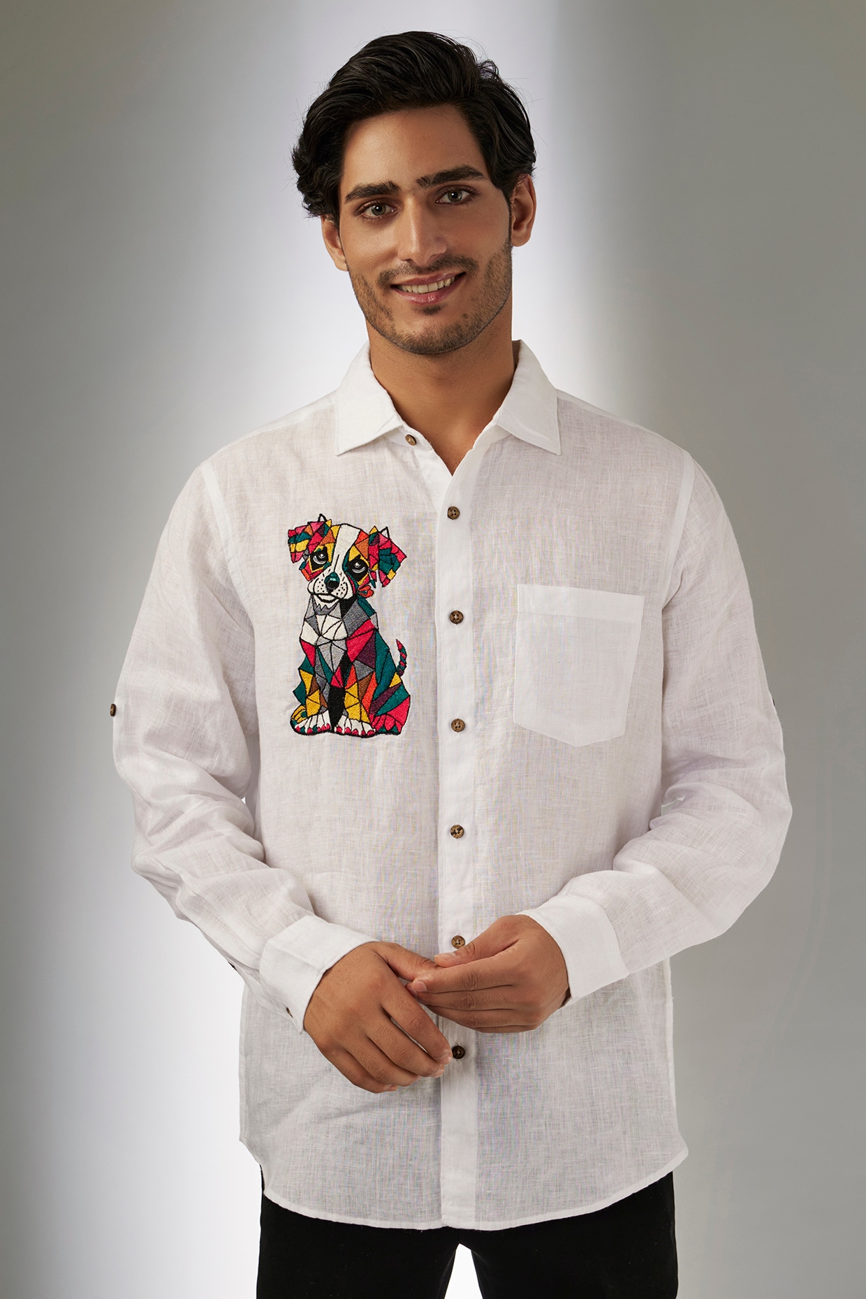 White Pure Linen Thread Embroidered Shirt by Linen Bloom Men
