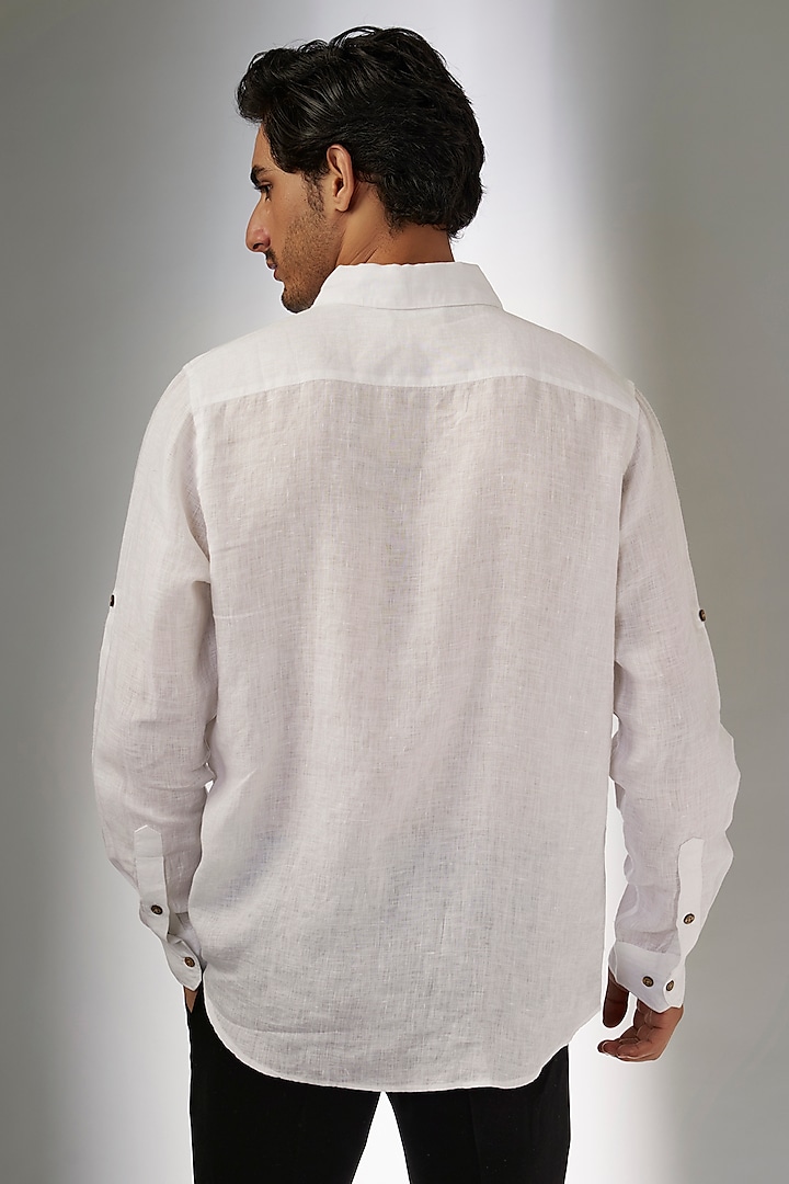 White Pure Linen Thread Embroidered Party Wear Shirt by Linen Bloom Men at Pernia's Pop Up Shop