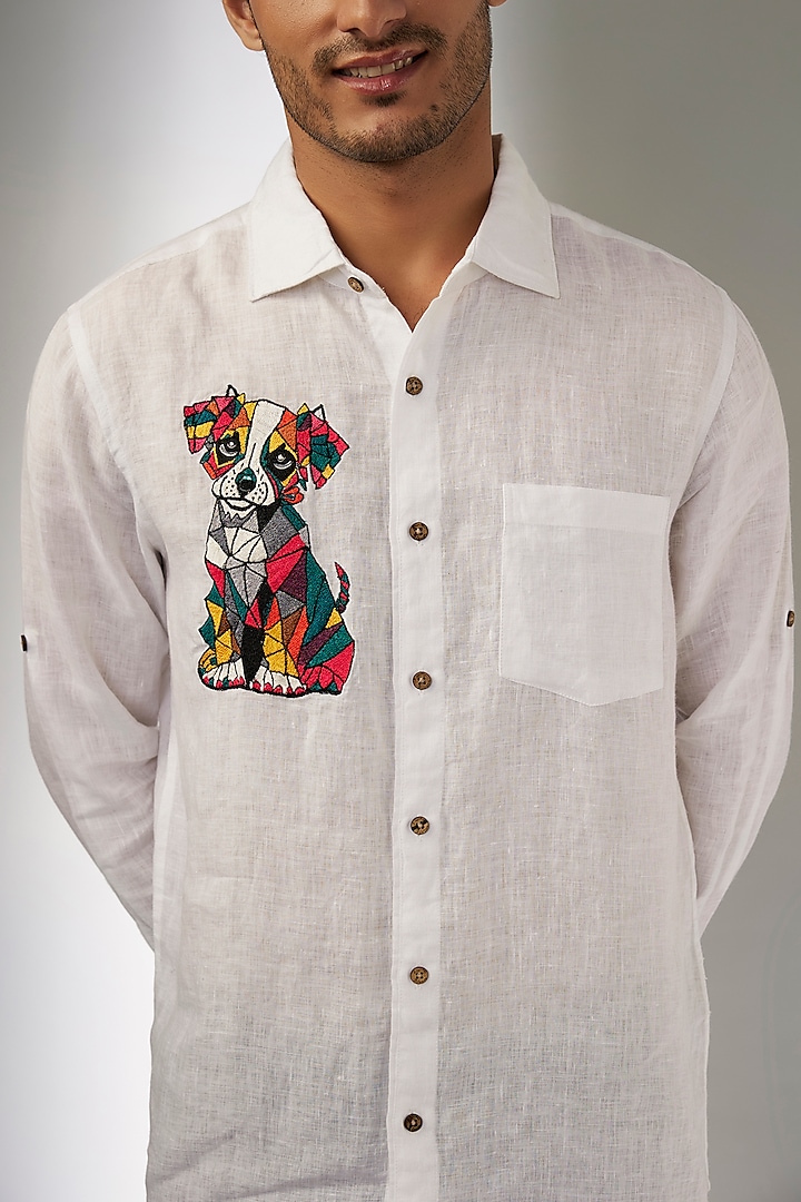 White Pure Linen Thread Embroidered Party Wear Shirt by Linen Bloom Men at Pernia's Pop Up Shop