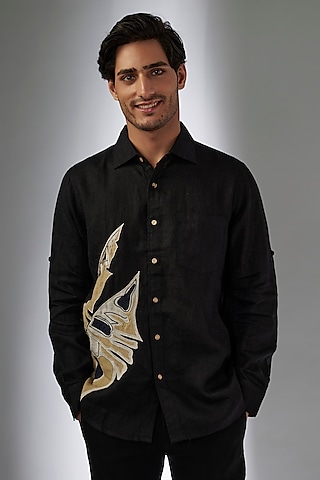 Black Pure Linen Thread Embroidered Shirt by Linen Bloom Men