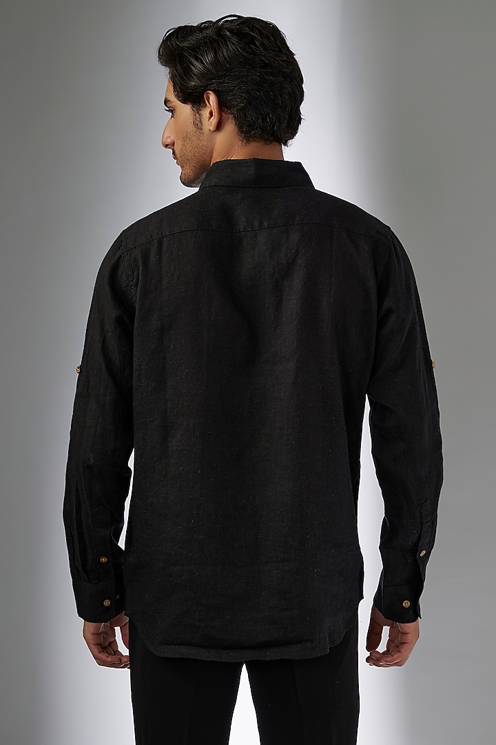 Black Pure Linen Thread Embroidered Party Wear Shirt by Linen Bloom Men at Pernia's Pop Up Shop