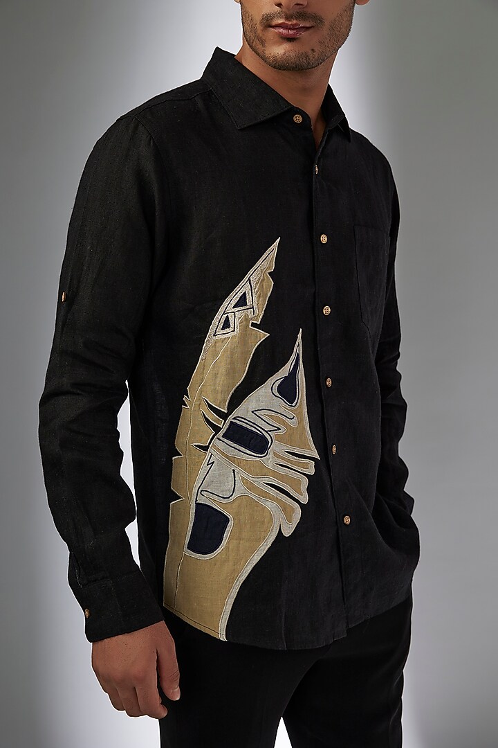 Black Pure Linen Thread Embroidered Party Wear Shirt by Linen Bloom Men at Pernia's Pop Up Shop
