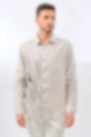 Beige Linen Embroidered Pleated Shirt by Linen Bloom Men at Pernia's Pop Up Shop