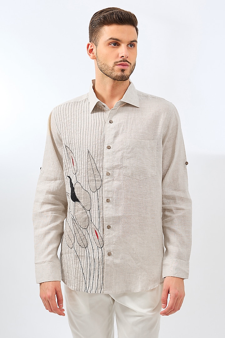 Beige Linen Embroidered Pleated Shirt by Linen Bloom Men at Pernia's Pop Up Shop