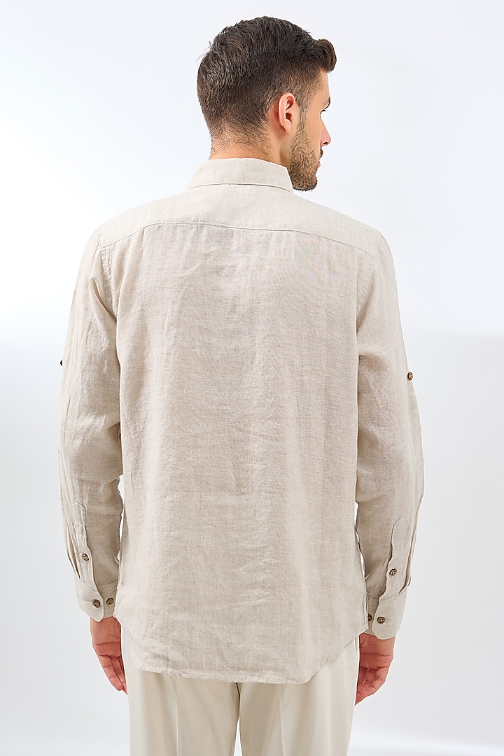 Beige Linen Embroidered Pleated Party Wear Shirt by Linen Bloom Men at Pernia's Pop Up Shop