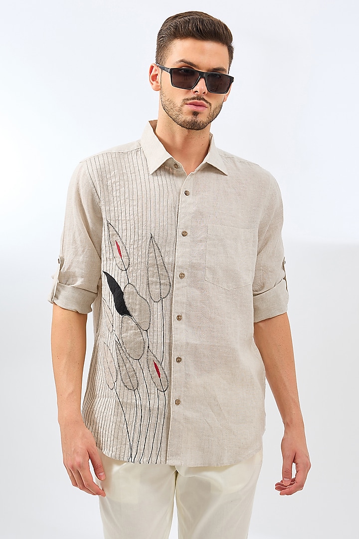 Beige Linen Embroidered Pleated Party Wear Shirt by Linen Bloom Men at Pernia's Pop Up Shop